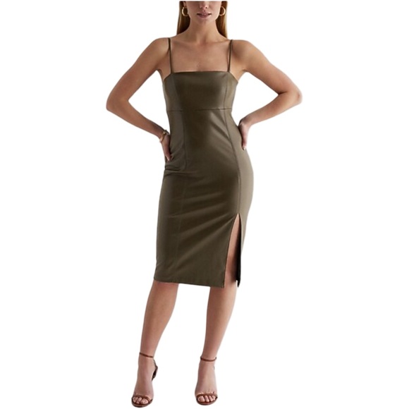 Express Dresses & Skirts - NWT Express Body Contour Faux Leather Cami Midi Dress Olive Green Small